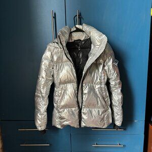 Aqua | Metallic Silver Hooded Puffer Jacket M